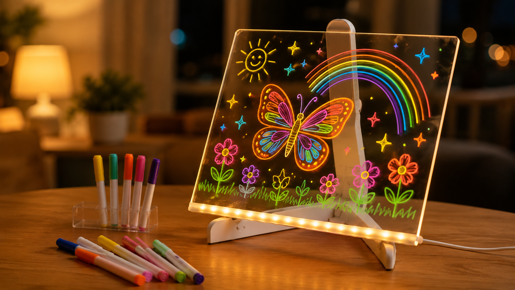 Işığı açık ve renkli çizimli Minik Sanat panosu